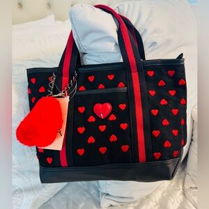 Betsey Johnson Red And Black Heart Tote With Soft Heart Charm